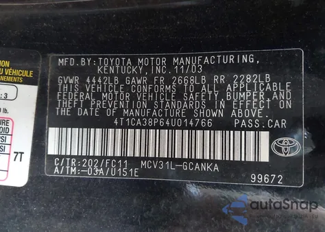 2004 Toyota Camry Solara Se Sport V6 z USA, uszkodzony, nr VIN 4T1CA38P64U014766